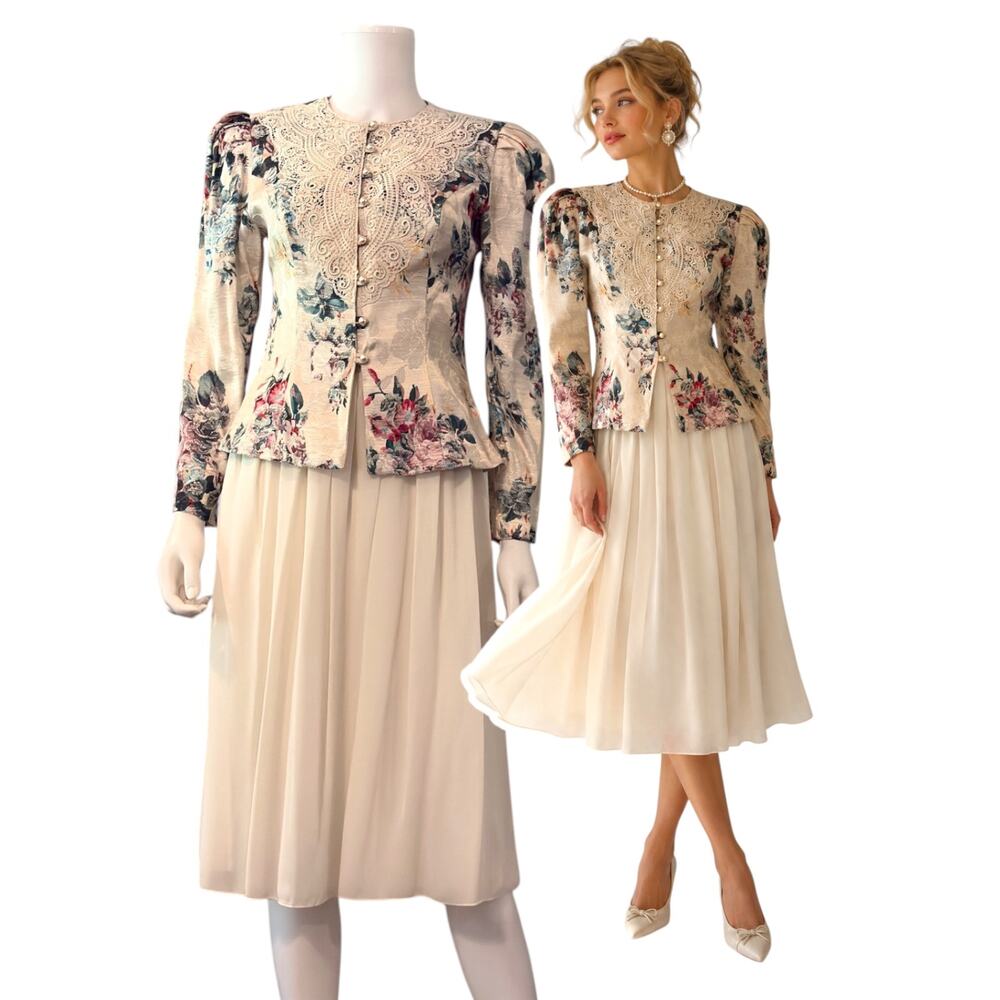 Vtg 80s Nah Nah 2-Piece Floral Tapestry Blazer + Skirt Set Victorian Size 4